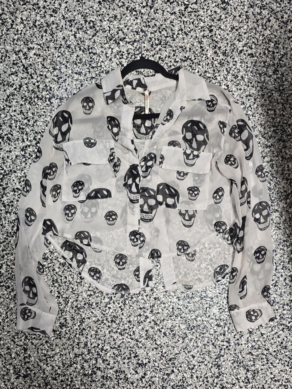 Sheer Skull Print Button-Up Blouse in White and Black